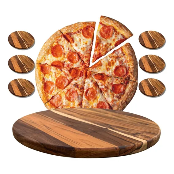 Kit 6 tábua madeira teca cortar e servir pizza 35 cm Foto 1