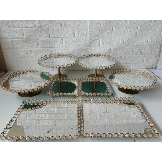 Kit 8 Bandejas + Espelhos ( Imediato) Cor Dourado Com Pedras Foto 1