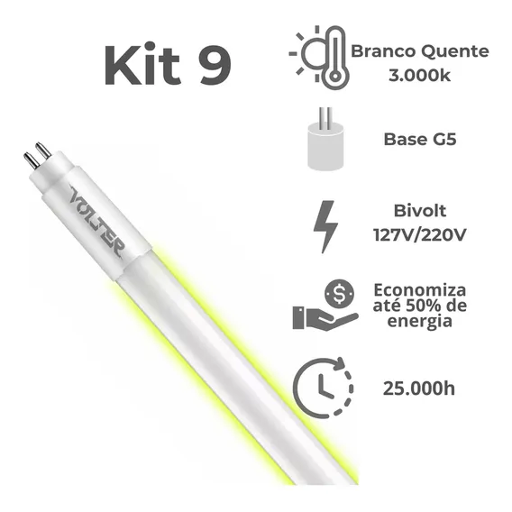 Kit 9 Lâmpada Led Tubular Volter 9w T5 55cm G5 Bivolt Branco Quente 3000k 950lm Foto 1