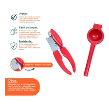 Kit Abridor De Lata Espremedor De Alho 2 Pç Vermelho Oikos Foto mini 3