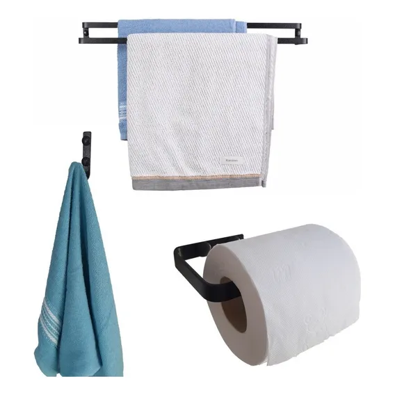 Kit Acessório P/ Banheiro 3 Peças Toalheiro Duplo 60cm Preto Foto 1