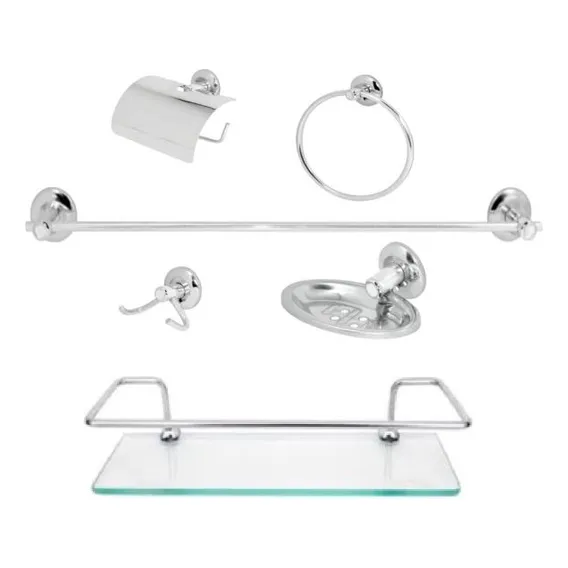 Kit Acessórios P/ Banheiro Inox 6 Peças + Porta Shampoo Reto Foto 1