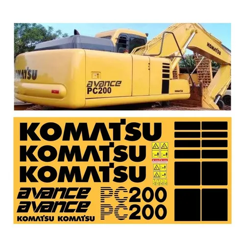 Kit Adesivos Escavadeira Komatsu Pc200 Avance + Etiqueta Mk Cor PRETO BRILHO Foto 1
