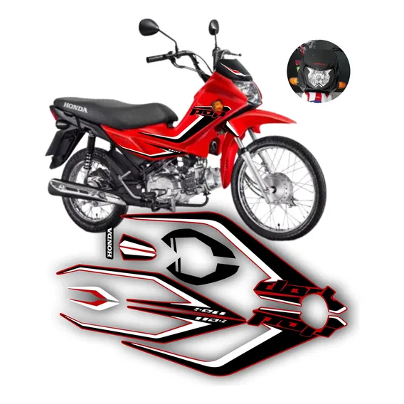 Kit Adesivos Faixas Pop 110i Completa Cores Personalizadas Cor Moto Vermelha Preto e Branco Foto 1