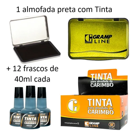 Kit Almofada De Carimbo + 12 Frascos De Tinta Carimbo 40ml Cor Preto Foto 1