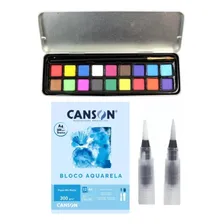 Kit Aquarela Pastilha 18 Cores + Bloco Canson +2 Water Brush Foto mini 1