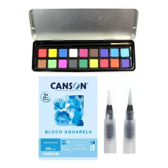 Kit Aquarela Pastilha 18 Cores + Bloco Canson +2 Water Brush Foto 1