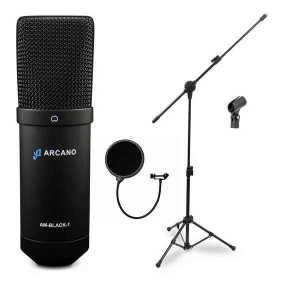 Kit Arcano Microfone Am-black-1 + Am-f1 + Pedestal Pmv Cor Preto Foto 1
