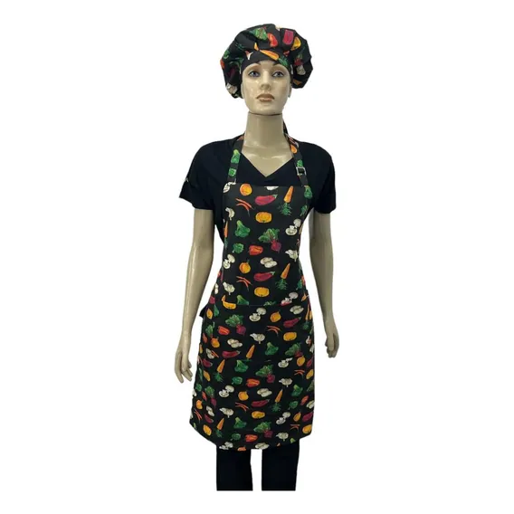 Kit Avental E Touca Feminina Estampado Com Legumes Algodao Foto 1