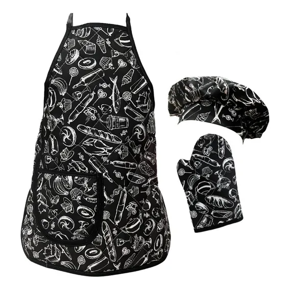 Kit Avental Infantil + Luva + Touca 3 Cor Preto Desenho Do Tecido Culinária Foto 1