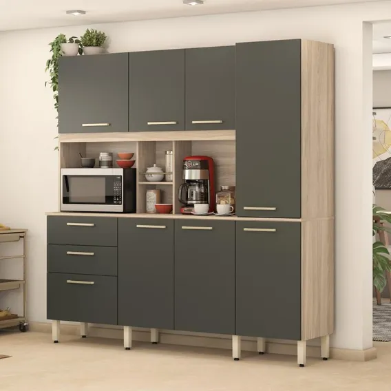 Kit Balcão Armário Cozinha Compacta 8 Portas Marrom Cinza Foto 1