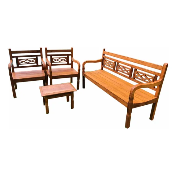 Kit Bancos Madeira Maciça 5 Lugares + Mesa De Centro Cor Marrom Foto 1