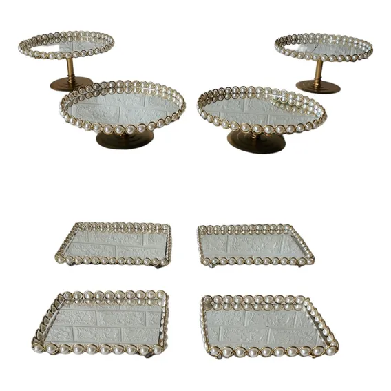 Kit Bandejas 8 Peças + Espelho ( Imediato) Cor Dourado Com Perolas Foto 1