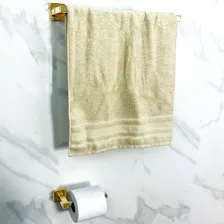Kit Banheiro Acessório Dourado Inox Quadrado Jogo 4 Peças Suporte Parede Porta Toalha De Banho 40cm Gancho Papeleira Toalheiro Argola Gold Brilhoso Dona D.cor Foto mini 2