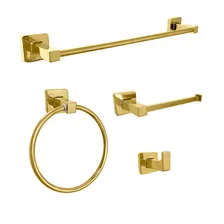 Kit Banheiro Acessório Dourado Inox Quadrado Jogo 4 Peças Suporte Parede Porta Toalha De Banho 40cm Gancho Papeleira Toalheiro Argola Gold Brilhoso Dona D.cor Foto mini 1