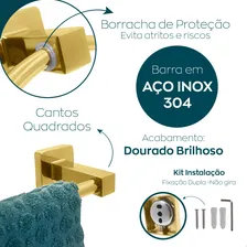 Kit Banheiro Acessório Dourado Inox Quadrado Jogo 4 Peças Suporte Parede Porta Toalha De Banho 40cm Gancho Papeleira Toalheiro Argola Gold Brilhoso Dona D.cor Foto mini 3