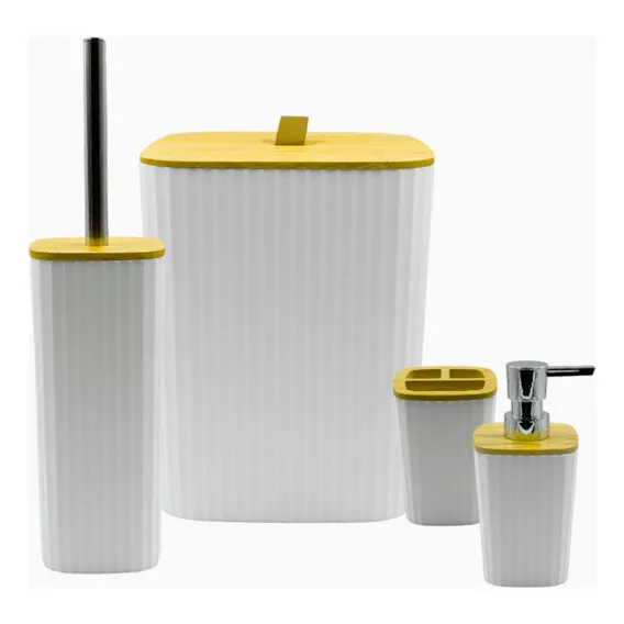 Kit Banheiro Conjunto Acessórios Lixeira Lavabo 4 Peças Luxo De Bambu Quadrado Foto 1