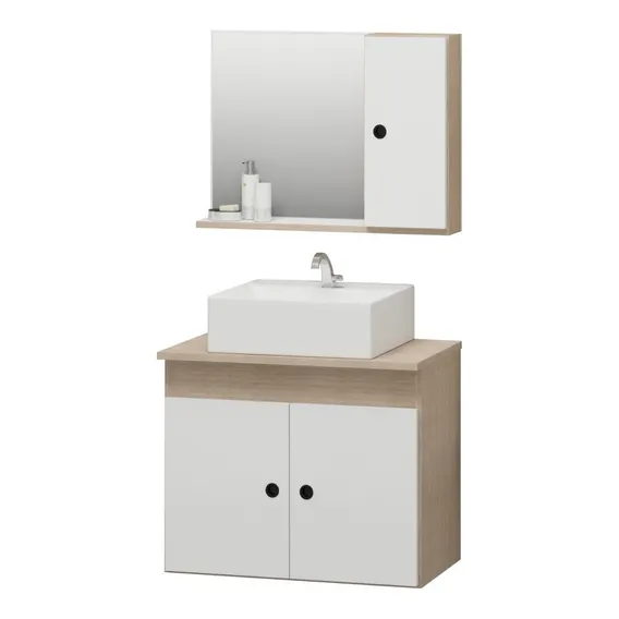 Kit Banheiro Gabinete + Pia + Espelheira Retro 60cm Cor da pia Branca Cor do móvel Madeirado/Branco Foto 1