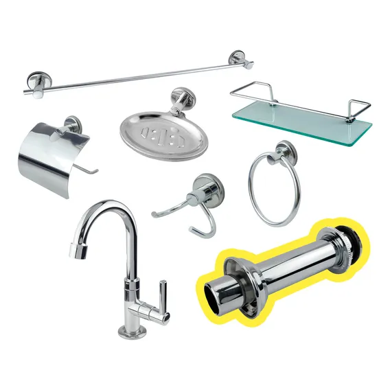 Kit Banheiro Inox + Porta Shampoo + Torneira + Tubo Ligação Foto 1