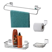 Kit Banheiro Inox Toalheiro Porta Shampoo Papel Saboneteira Foto mini 1