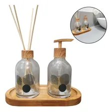 Kit Banheiro Lavabo Bambu Bandeja Porta Escova Sabonete 3 Pç Cor Madeira Foto mini 1