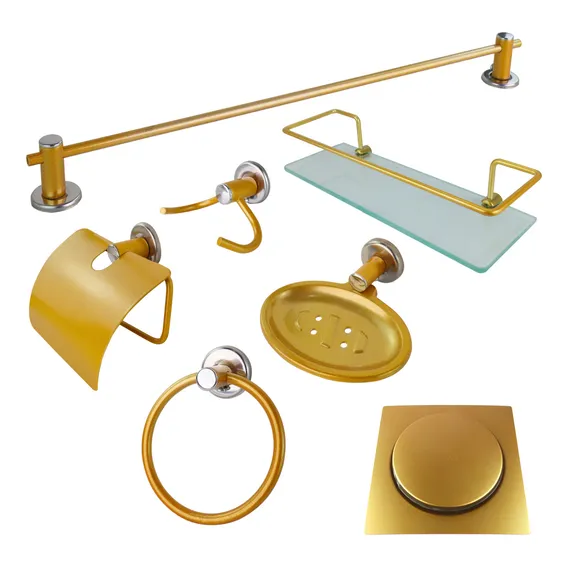 Kit Banheiro Metal Inox + P Shampoo Vidro + Ralo Click 10x10 Foto 1