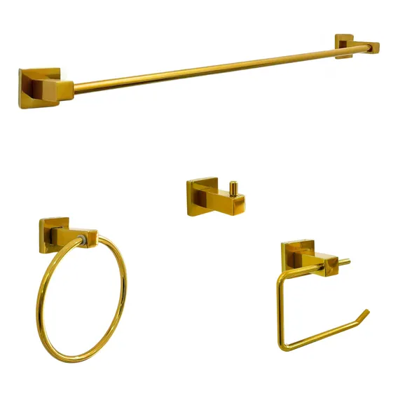 Kit Banheiro Quadrado Inox Dourado Luxo Acessórios 4 Peças Foto 1