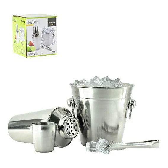 Kit Bar 3 Peças: Coqueteleira Inox + Balde Gelo + Pegador Foto 1