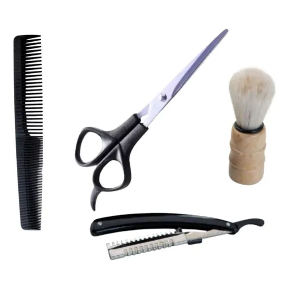 Kit Barba Tesoura Pente Navalhete Pincel 4 Peças C02 Foto 1