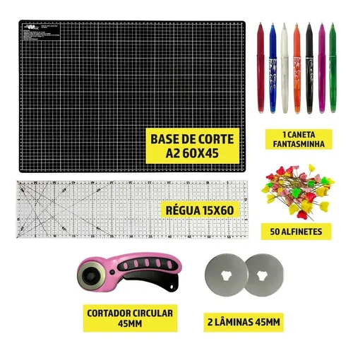 Kit Base Para Corte Patchwork Regua 60 Cortador Tecido 45mm Cor Base Preta2 Foto 1