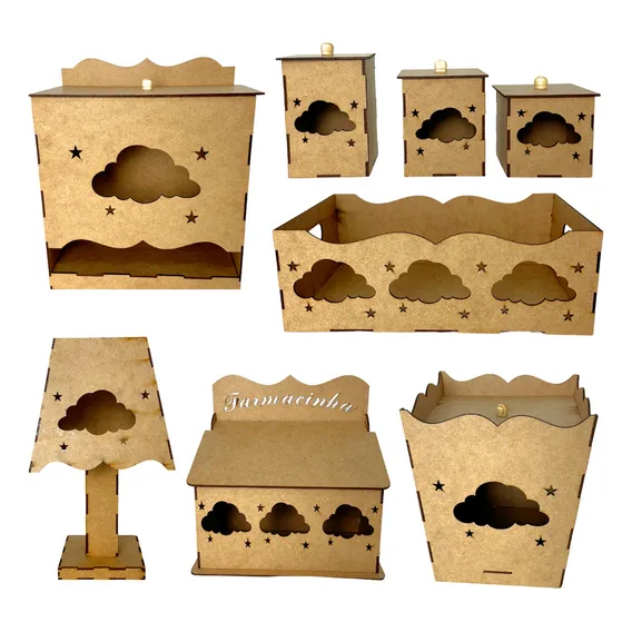 Kit Bebe Higiene Nuvem Em Mdf Cru 8 Peças 24hs Grupo Paraíso MDF Kit Higiene Bebê cru - x 8 Foto 1