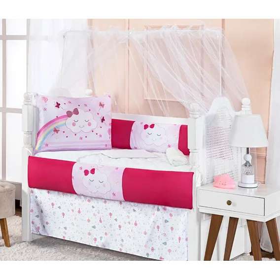 Kit Berço Enxoval Completo Bebê Menina Bordado 9 Peças Rosa Foto 1