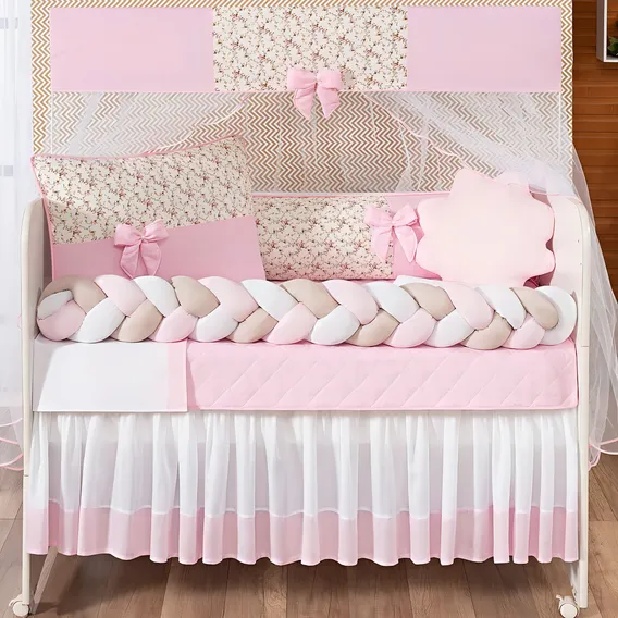 Kit Berço Trança Doce De Bebe Rosa Menina + Lençol 12 Peças Kit Berço Completo Foto 1