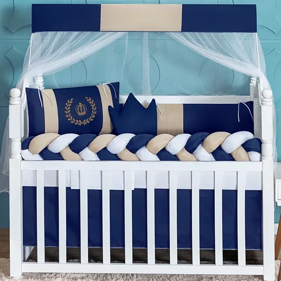 Kit Berço Trança Luxo Coroa Menino Azul 11 Peças + Foto 1