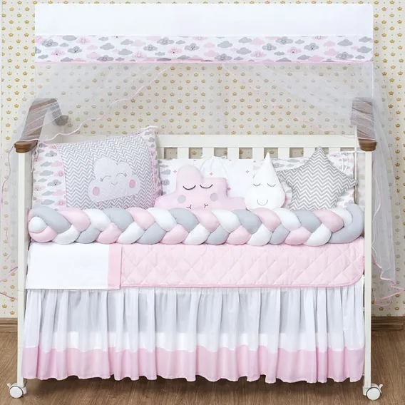 Kit Berço Trançado Com Saia Box E Lençol Menina Nuvem Rosa Foto 1