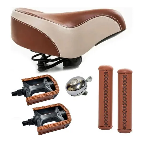 Kit Bicicleta Retr么 Vintage Selim Molas Pedal Manopla Couro Foto 1