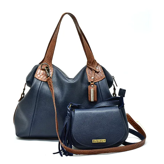 Kit Bolsa Feminina Grande E Mini Bolsa Couro Legitimo Cor Azul Marinho/ Caramelo Foto 1