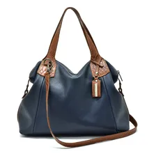 Kit Bolsa Feminina Grande E Mini Bolsa Couro Legitimo Cor Azul Marinho/ Caramelo Foto mini 3
