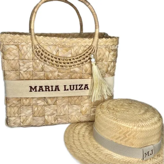 Kit Bolsa Sacola + Chapéu Palha Bordado Moda Praia Verão Cor Bege Foto 1