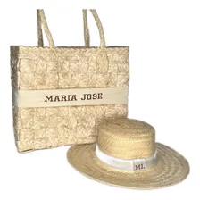 Kit Bolsa Sacola + Chapéu Palha Bordado Moda Verão Praia Cor Bege Foto  mini 1