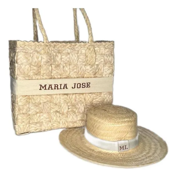 Kit Bolsa Sacola + Chapéu Palha Bordado Moda Verão Praia Cor Bege Foto 1