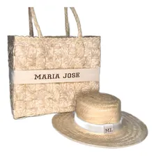 Kit Bolsa Sacola + Chapéu Palha Bordado Moda Verão Praia Cor Bege Foto mini 1