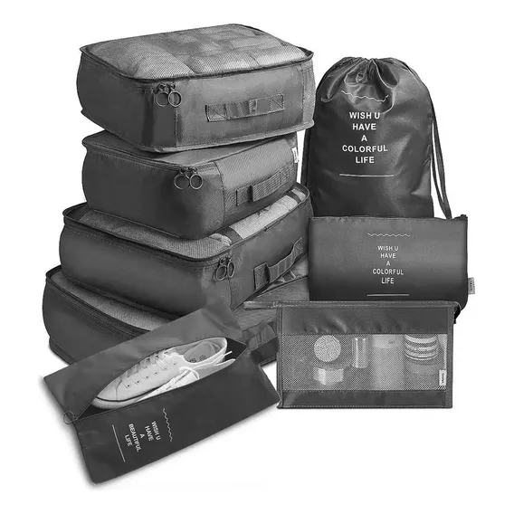 Kit Bolsas De Viagem Organizador Prático De Mala Roupa 8 Pçs Cor Preto Foto 1