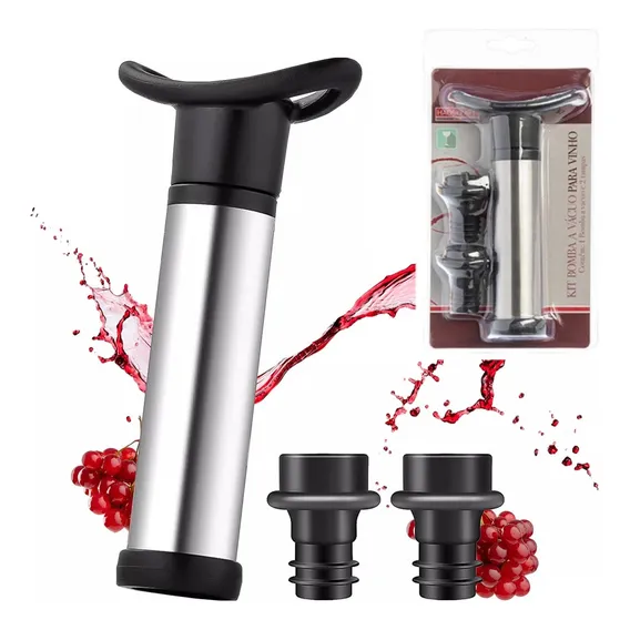 Kit Bomba De Vácuo Ideal Tampar Vinho Inox 2 Rolhas Silicone Cor Preto Foto 1
