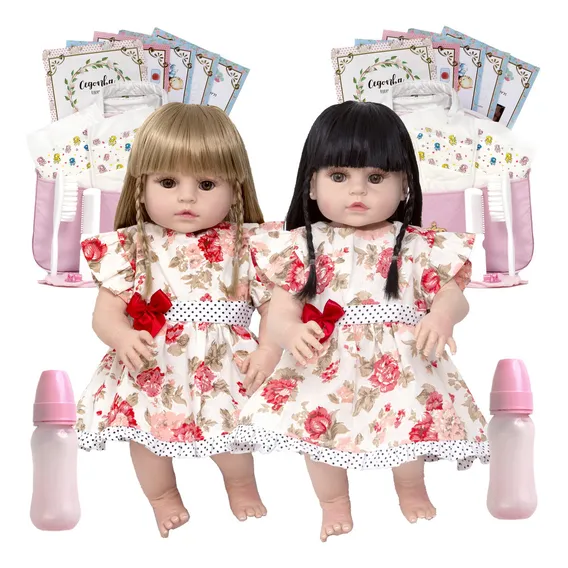 Kit Bonecas Gêmeas Baby Reborn 52cm Com Chupeta Itens Foto 1