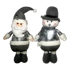 Kit Bonecos Natal Decorativos Prata Prateado Luxo - Decoração Natalina - Wms : Papai Noel + Boneco De Neve Foto  mini 1