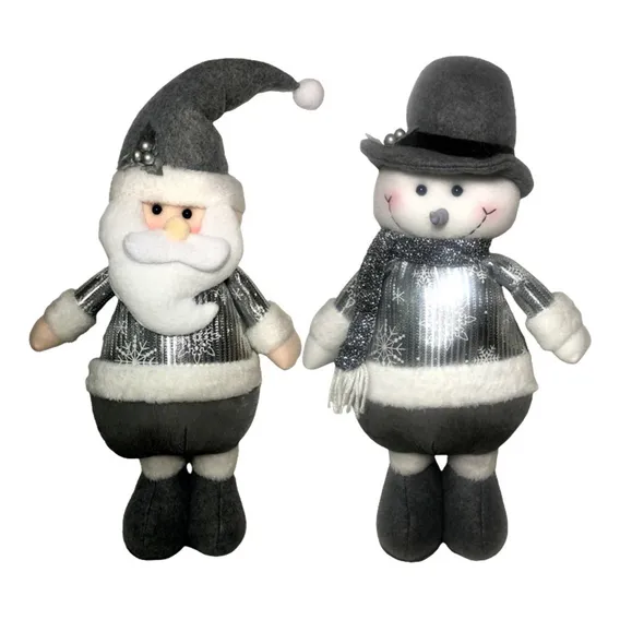 Kit Bonecos Natal Decorativos Prata Prateado Luxo - Decoração Natalina - Wms : Papai Noel + Boneco De Neve Foto 1