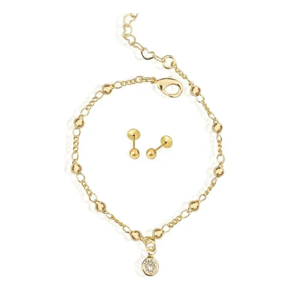 Kit Brinco E Pulseira Infantil Bolinha BebĂȘ Banhado Ouro 18k Foto 1