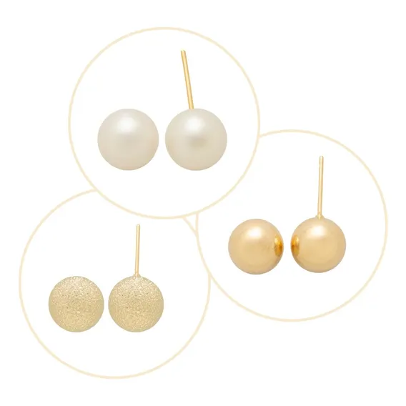 Kit Brincos Bolas Trio 3 Pares Semi Joias Banhado Ouro 18k Foto 1
