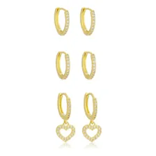 Kit Brincos Femininos Argolas Cravejadas Coração Banho Ouro Foto mini 1
